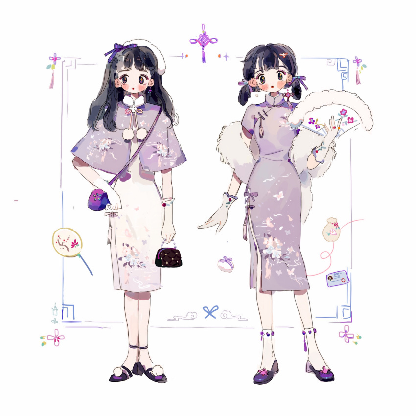 2girls animal_print ankle_socks bag black_bag black_eyes black_hair blunt_bangs blush_stickers bow bowtie brown_eyes butterfly_print capelet card china_dress chinese_clothes collar collared_capelet collared_dress dangle_earrings dress dress_bow earrings eyelashes eyeshadow fashion floral_print flower_knot folding_fan full_body fur_scarf gloves hair_bow hair_ornament hair_ribbon hairclip hand_fan handbag hat high_heels highres holding holding_bag holding_fan jewelry looking_at_viewer looking_to_the_side low_twintails makeup medium_dress medium_hair mismatched_earrings multiple_girls original parted_lips pink_bow pink_bowtie pom_pom_(clothes) pom_pom_earrings purple_bag purple_bow purple_capelet purple_dress purple_eyeshadow purple_footwear purple_ribbon putong_xiao_gou ribbon scarf short_hair short_twintails shoulder_bag side_slit socks tassel tassel_earrings tuanshan twintails waist_tassel white_background white_collar white_dress white_gloves white_headwear white_scarf white_socks