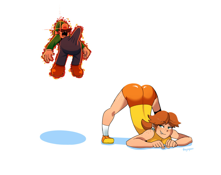 absurdres ass biting blue_eyes blue_overalls brown_hair bulge erection erection_under_clothes floating gloves green_headwear green_shirt highres jack-o'_challenge levitation lip_biting luigi mario_(series) meme overalls princess_daisy shirt short_shorts shorts signature thegreyzen white_background white_gloves yellow_shirt