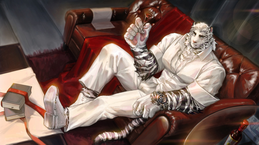 1boy animal_ears arknights bara blue_eyes couch cup drinking_glass facial_hair formal from_above full_body furry furry_male goatee highres hujusheng large_hands large_pectorals looking_at_viewer male_focus mountain_(arknights) muscular muscular_male official_alternate_costume on_couch pectoral_cleavage pectorals scar scar_across_eye short_hair sitting sleeves_rolled_up solo suit tail thick_eyebrows tiger_boy tiger_ears tiger_tail watch white_fur white_hair white_suit wine_glass wristwatch