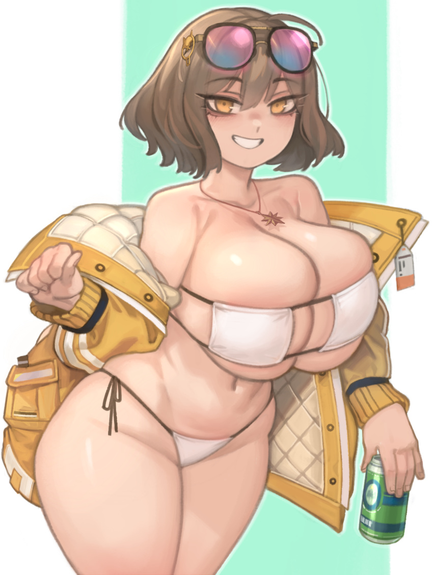 1girl anis_(nikke) anis_(sparkling_summer)_(nikke) bare_shoulders bikini breasts brown_hair can clenched_teeth collarbone commentary eyepatch_bikini eyewear_on_head goddess_of_victory:_nikke green_background hair_ornament highres holding holding_can huge_breasts jacket jewelry kelvin_hiu looking_at_viewer necklace official_alternate_costume open_clothes open_jacket short_hair smile solo standing star_(symbol) star_necklace sunglasses swimsuit teeth thighs two-tone_background white_background white_bikini yellow_jacket