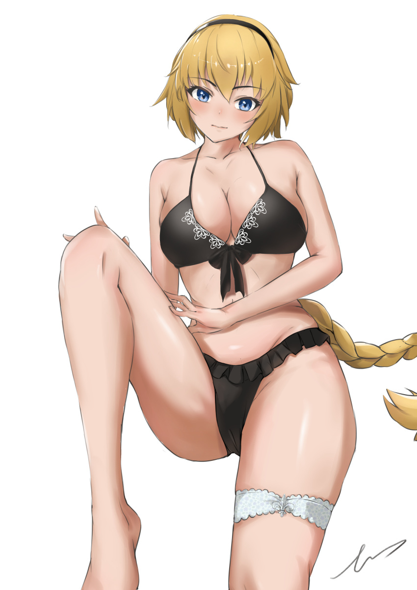 1girl absurdres barefoot bikini black_bikini blonde_hair blue_eyes blush breasts cameltoe cleavage collarbone error1945 fate/grand_order fate_(series) highres jeanne_d'arc_(fate) jeanne_d'arc_(swimsuit_archer)_(fate) large_breasts leg_up long_hair looking_at_viewer ponytail sitting swimsuit thigh_strap thighs very_long_hair