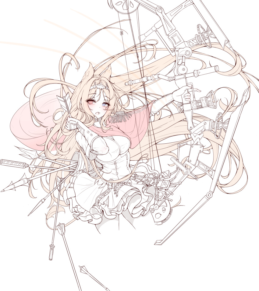 1girl absurdres animal_ears archetto_(arknights) arknights blue_eyes bow_(weapon) breasts brown_hair capelet compound_bow cowboy_shot cropped_legs drawing_arrow dress floating_hair gloves heterochromia highres holding holding_bow_(weapon) holding_weapon large_breasts lilac_(k32420276) long_hair looking_at_viewer open_mouth quiver red_capelet red_eyes simple_background solo unfinished very_long_hair weapon white_background