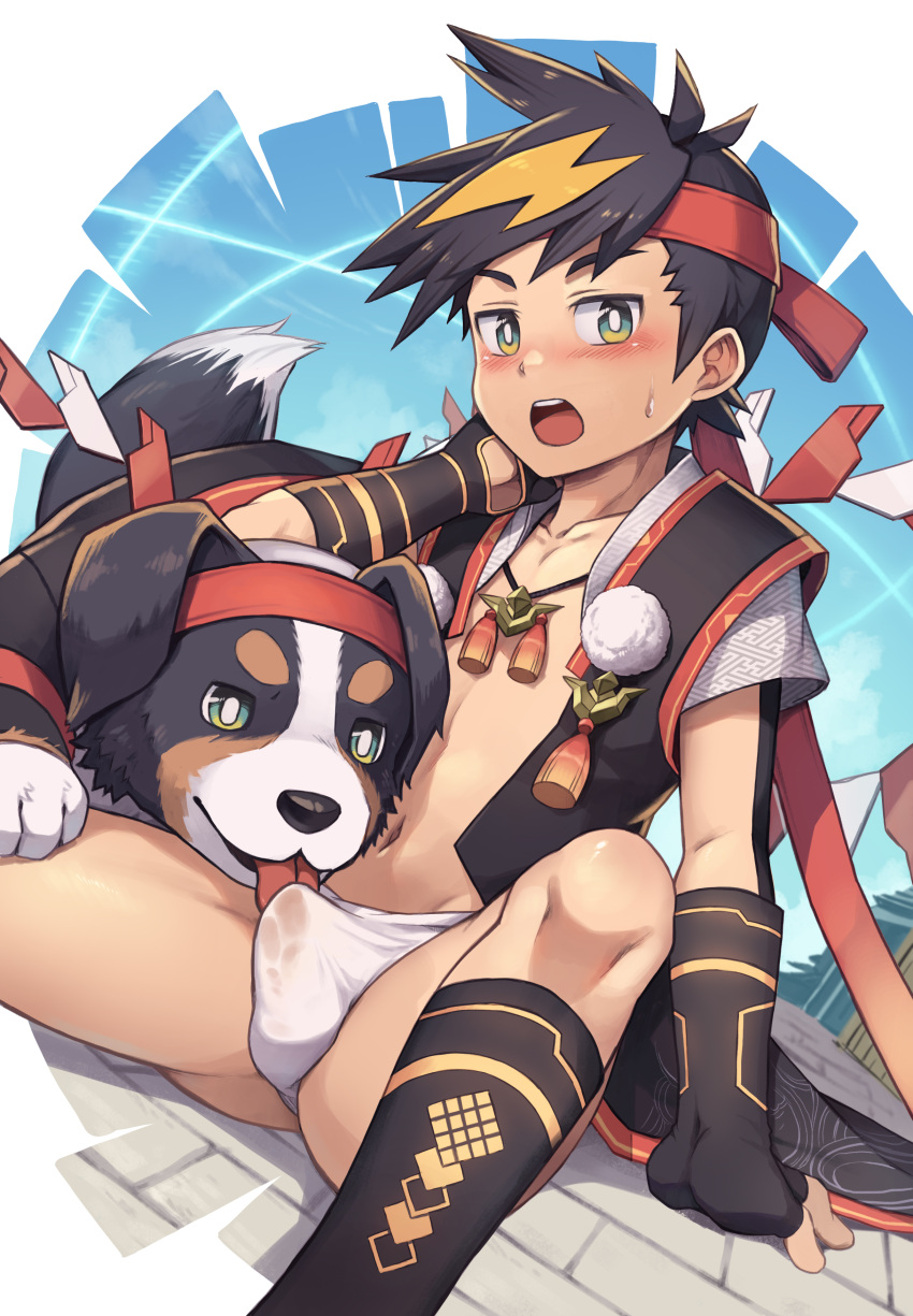 absurd_res accessory asian_clothing bestiality blush bodily_fluids bulge canid canine canis clothed clothing daikung domestic_dog east_asian_clothing erection erection_under_clothing feral fundoshi headband hi_res human japanese_clothing kouki_(live_a_hero) licking_bulge lifewonders live_a_hero looking_at_viewer male male/male mammal navel sirius_(live_a_hero) sitting sweat underwear young
