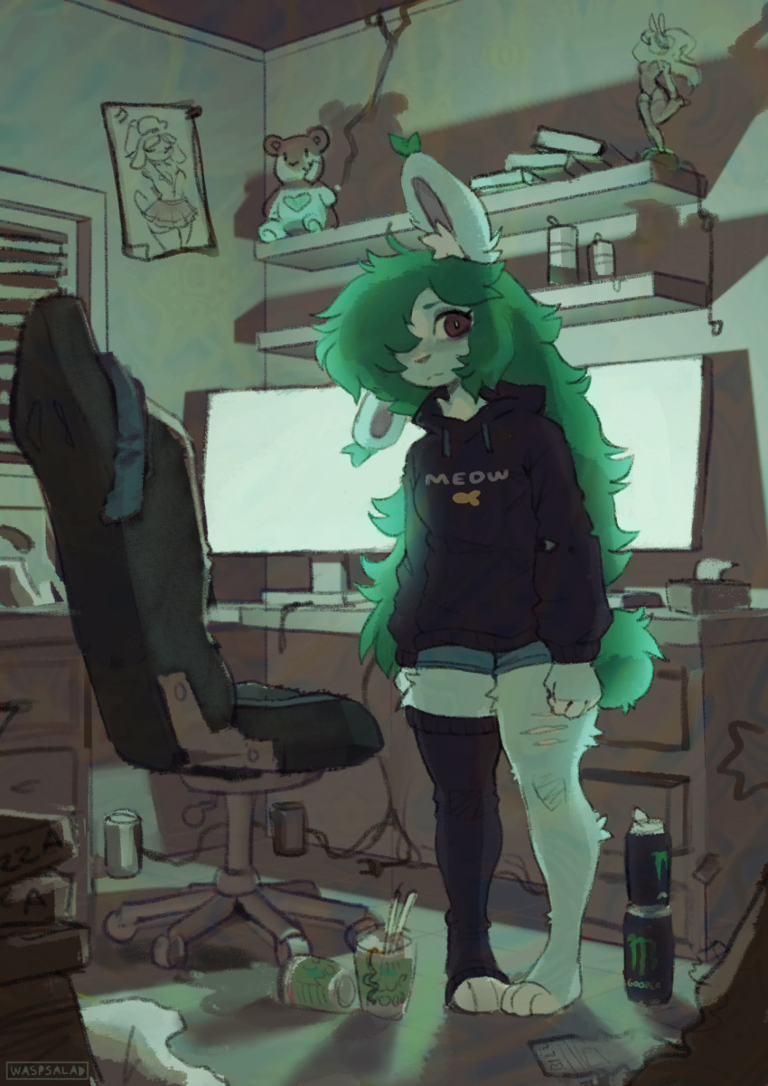 anthro beverage_can bottomwear chair clothing computer desk female footwear furniture gaming_chair green_hair hair hi_res hoodie inside lagomorph legwear leporid long_hair mammal messy_room monitor monster_energy one_ear_up one_eye_obstructed one_sock rabbit self_harm_scars shorts solo table thick_thighs thigh_highs toeless_footwear toeless_legwear topwear torn_clothing waspsalad