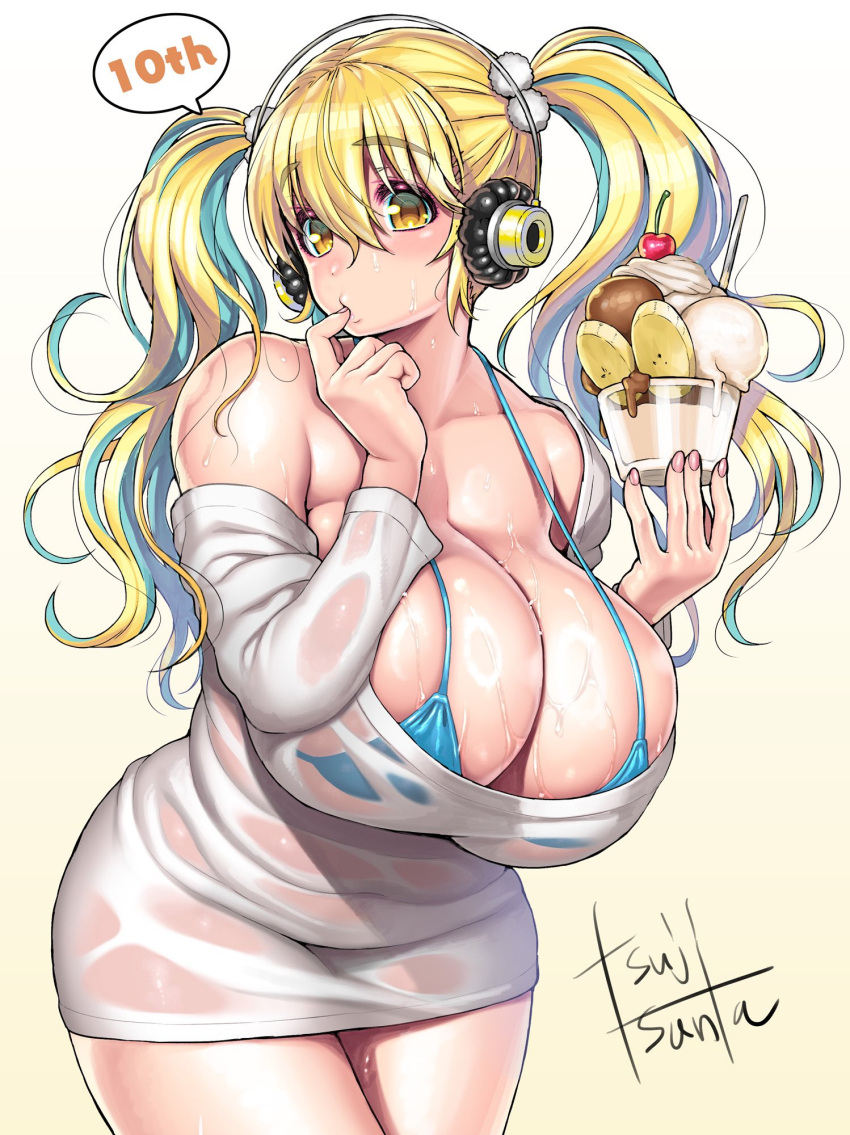 1girl aqua_hair bikini bikini_under_clothes birthday blonde_hair blush breasts cleavage food headphones highres holding holding_food holding_ice_cream huge_breasts ice_cream jewelry multicolored_hair necklace nitroplus off-shoulder_shirt off_shoulder orange_eyes plump see-through see-through_shirt shirt short_hair signature solo star_(symbol) star_necklace super_pochaco swimsuit thick_thighs thighs tsuji_santa twintails two-tone_hair wet wet_clothes wet_shirt