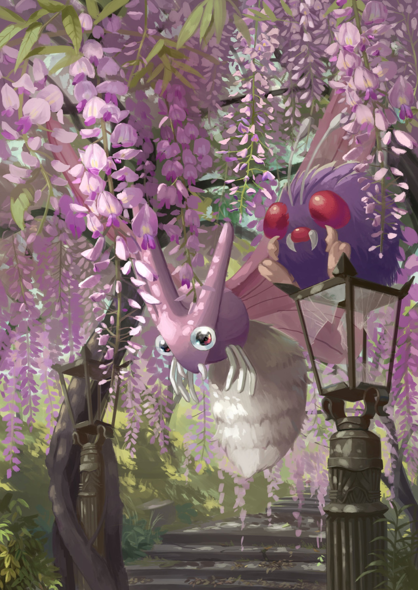 absurdres animal_focus broken_glass commentary day evolutionary_line glass highres king_joe_(neoroto) no_humans outdoors pokemon pokemon_(creature) purple_fur red_eyes sitting stairs tree tusks venomoth venonat