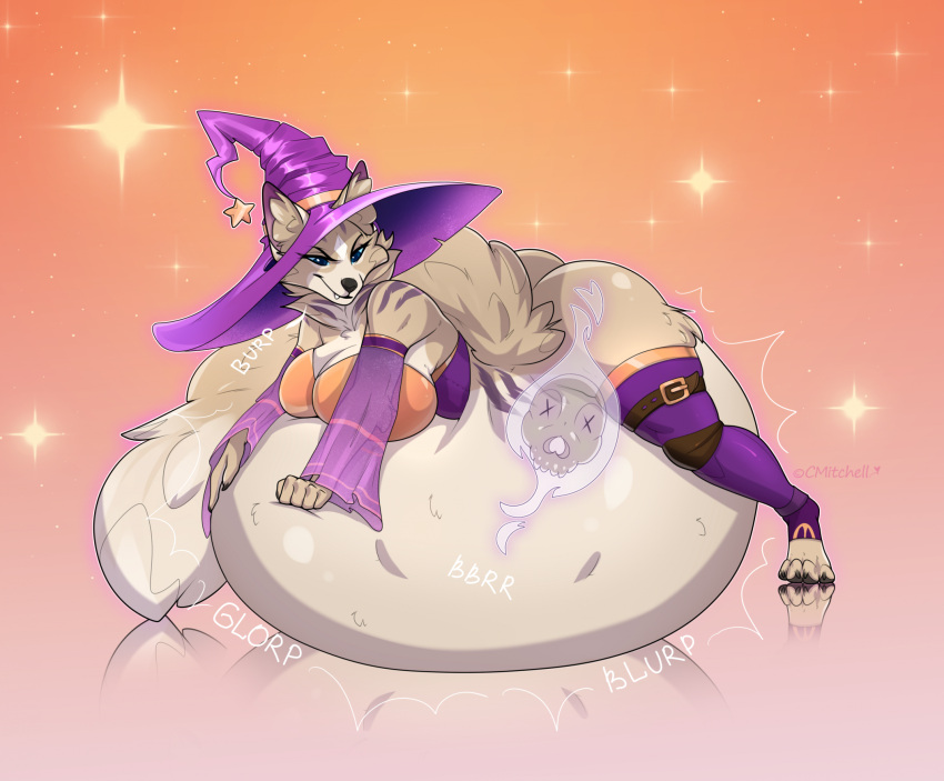 anthro belly big_belly blue_eyes canid canine canis clothing cmitchell female fox gold gost hat headgear headwear hi_res long_tail magic_user mammal purple_clothing purple_hat purple_headwear solo tail vore witch wolf