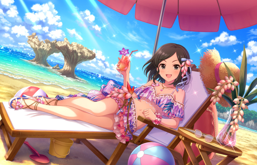 1girl ball beach beach_chair beach_umbrella beachball bikini black_eyes black_hair blue_sky blush bob_cut breasts cleavage cloud cup day drink drinking_glass drinking_straw eyewear_removed feet flower frilled_bikini frills full_body glass hair_down hair_flower hair_ornament hat holding holding_drink idolmaster idolmaster_cinderella_girls idolmaster_cinderella_girls_starlight_stage jewelry legs looking_at_viewer ocean official_art open_mouth outdoors parted_bangs pendant saejima_kiyomi sand sandals short_hair sky small_breasts smile solo strappy_heels straw_hat summer sunlight swimsuit toes umbrella water