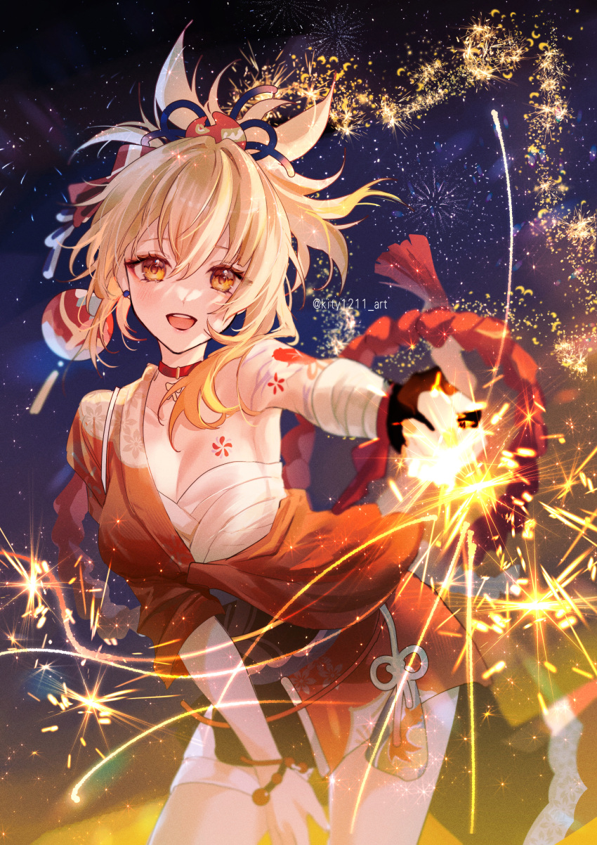 1girl :d arm_tattoo bandaged_arm bandaged_leg bandages blonde_hair blush breasts butterfly_choker chest_sarashi chest_tattoo choker cleavage cowboy_shot fingerless_gloves fireworks fish_tattoo flower_tattoo genshin_impact gloves hadanugi_dousa hair_between_eyes hair_ornament highres holding_fireworks japanese_clothes kimono kity1211_tetsu legs_apart long_hair looking_at_viewer medium_breasts night night_sky open_mouth orange_eyes orange_kimono pendant_choker ponytail red_choker rope sarashi shimenawa signature single_fingerless_glove sky smile solo sparkler tattoo teeth upper_teeth_only yoimiya_(genshin_impact)