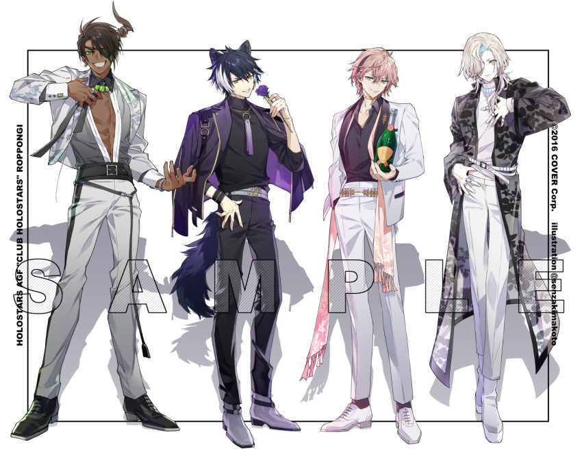 4boys :| abs adjusting_clothes adjusting_necktie alternate_costume animal_ears ankle_boots aqua_hair aragami_oga belt belt_buckle black_belt black_coat black_footwear black_hair black_necktie black_pants black_shirt blue_eyes boots bottle bracelet brown_hair brown_socks buckle buttoned_cuffs champagne_bottle closed_mouth coat collared_shirt colored_inner_hair copyright crossed_bangs dark-skinned_male dark_skin detached_collar earrings english_commentary eyepatch flower framed fringe_trim full_body gem gold_choker gold_trim green_eyes green_footwear green_gemstone grey_footwear grey_jacket grey_pants grey_shirt grin hair_between_eyes hair_over_one_eye hair_over_shoulder hand_in_pocket hand_on_own_chest hand_on_own_hip hand_on_own_stomach highres holding holding_bottle holding_flower holostars horn_ornament horns jackal_boy jackal_ears jackal_tail jacket jacket_on_shoulders jewelry kageyama_shien lapel_pin lapels leaf_print lifted_by_self looking_at_viewer low_ponytail male_focus medium_hair midriff_peek mixed-language_commentary multicolored_hair multiple_belts multiple_boys multiple_rings necklace necktie notched_lapels official_art open_clothes open_coat open_collar open_shirt oxfords pants parted_lips pectoral_cleavage pectorals pendant pink_hair pink_scarf platform_footwear purple_flower purple_hair purple_jacket purple_rose rikka_(holostars) ring rose sample_watermark scarf see-through see-through_coat senzaki_makoto shadow sharp_teeth shawl_lapels shirt shirt_tucked_in short_hair single_earring single_horn sleeve_cuffs sleeves_past_elbows smile socks standing stole streaked_hair suit suit_jacket swept_bangs tail teeth turtleneck twitter_username two-tone_hair utsugi_uyu v-shaped_eyebrows virtual_youtuber white_background white_belt white_footwear white_hair white_jacket white_shirt white_suit wristband yellow_eyes