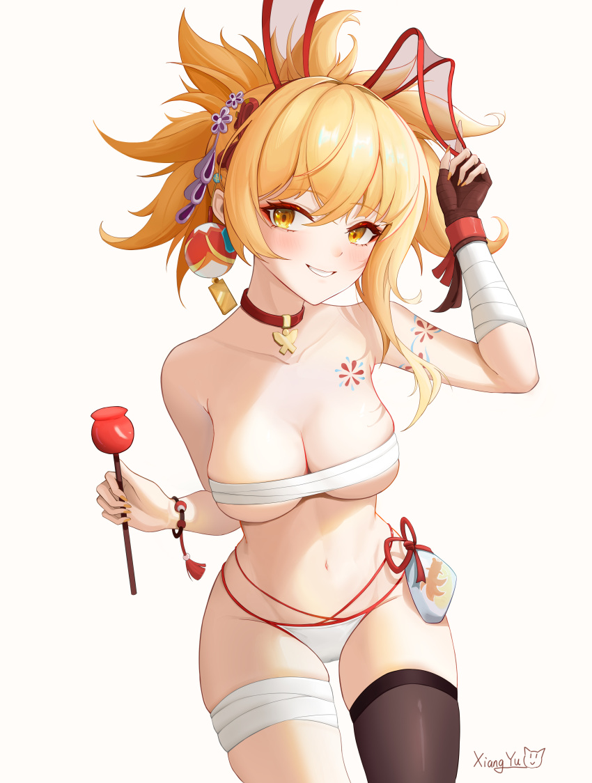 1girl absurdres animal_ears arm_tattoo bandaged_leg bandages bandeau bare_shoulders black_gloves black_thighhighs blonde_hair blush breasts candy_apple chest_sarashi chest_tattoo choker cleavage commentary_request cowboy_shot fake_animal_ears fingerless_gloves food genshin_impact gloves grin highres holding holding_food large_breasts long_hair looking_at_viewer midriff navel panties ponytail rabbit_ears red_choker sarashi simple_background single_glove single_thighhigh smile solo stomach strapless tattoo thighhighs tube_top underwear white_background white_panties wrist_wrap xiangyu_xiangyu yellow_eyes yoimiya_(genshin_impact)