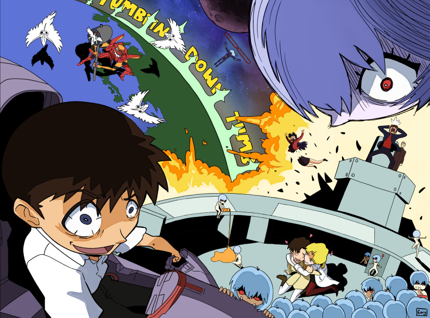 3boys 6+girls absurdres akagi_ritsuko ass ayanami_rei blonde_hair blue_eyes brown_hair chimeraenvy clone crazy_eyes crazy_smile earth_(planet) end_of_evangelion english_text eva_02 explosion heart highres ibuki_maya ikari_gendou ikari_shinji japan katsuragi_misato lab_coat lcl mecha multiple_boys multiple_girls neon_genesis_evangelion nude open_mouth perspective planet red_hair robot shadow smile violence yuri