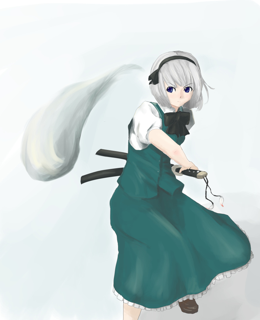 1girl absurdres ascot black_ascot black_bow black_bowtie black_hairband blue_eyes bow bowtie dress green_dress hairband highres konpaku_youmu medium_hair sheathing shinkopeishon shirt solo sword touhou weapon white_background white_hair white_shirt