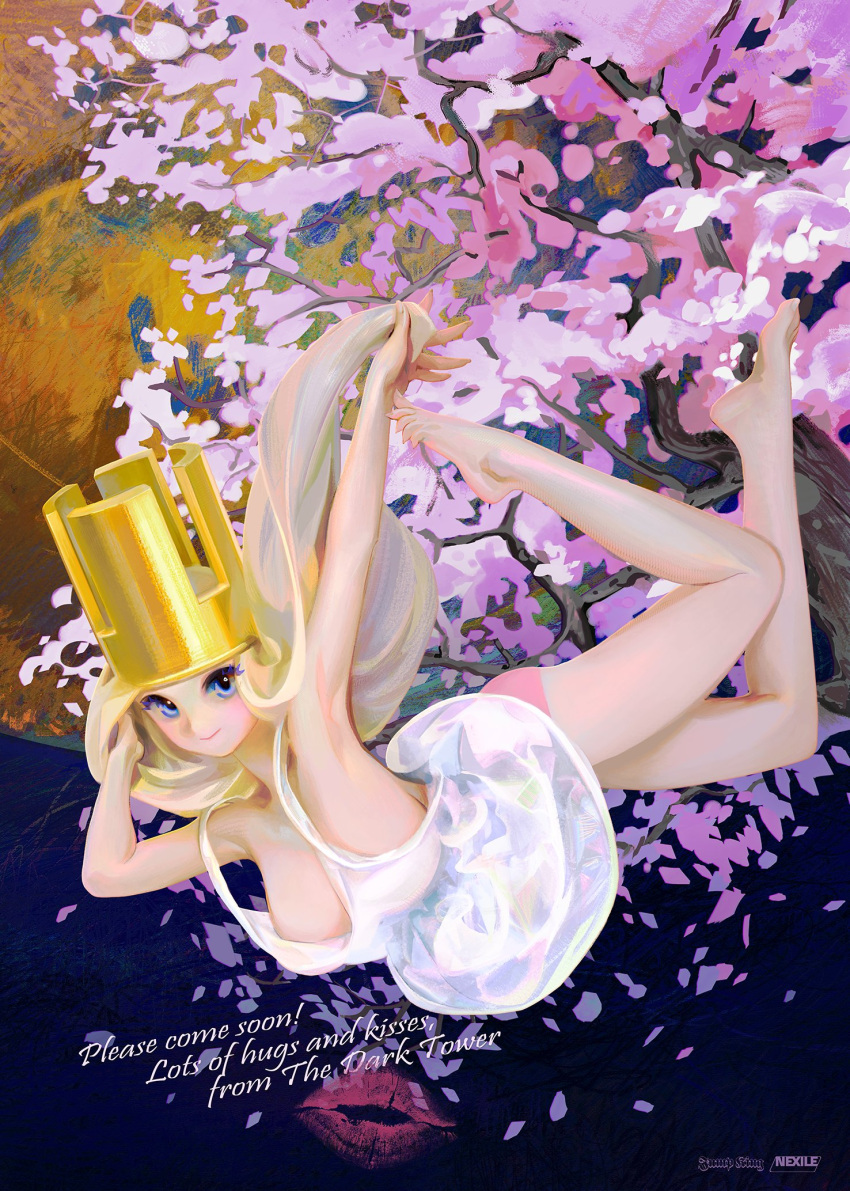 1girl armpits arms_up bare_legs barefoot blue_eyes breasts crown dress english_text flower highres jump_king large_breasts lipstick_mark looking_at_viewer new_babe_(jump_king) petals purple_flower second-party_source sleeveless sleeveless_dress solo tree white_dress yeono0