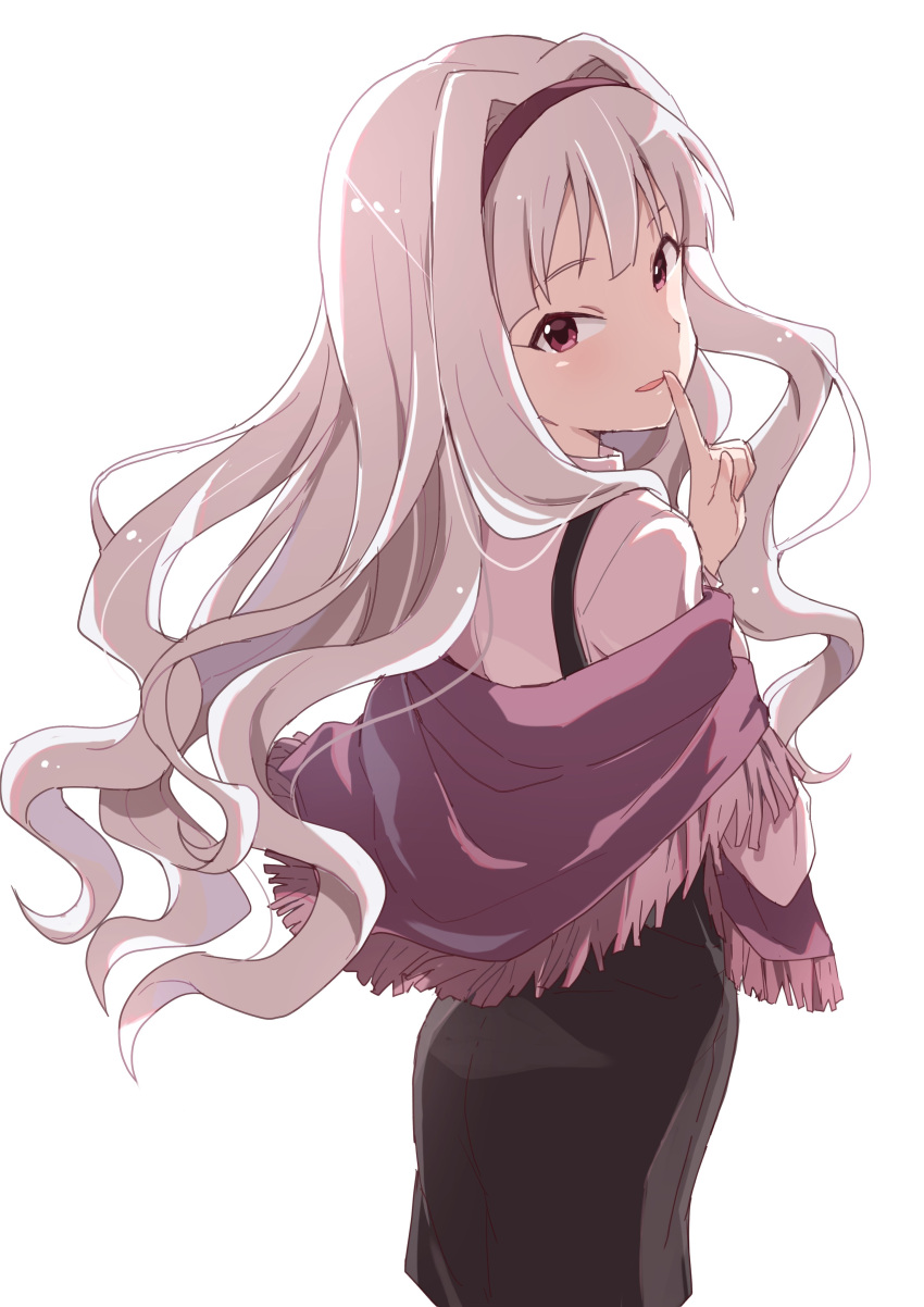 1girl absurdres black_skirt blush buchi_(y0u0ri_) cowboy_shot finger_to_mouth from_behind grey_hair hairband hand_up highres idolmaster idolmaster_(classic) idolmaster_million_live! idolmaster_million_live!_theater_days index_finger_raised long_hair long_sleeves looking_at_viewer looking_back open_mouth purple_eyes purple_hairband purple_scarf scarf shijou_takane shirt simple_background skirt smile solo standing suspender_skirt suspenders white_background white_shirt