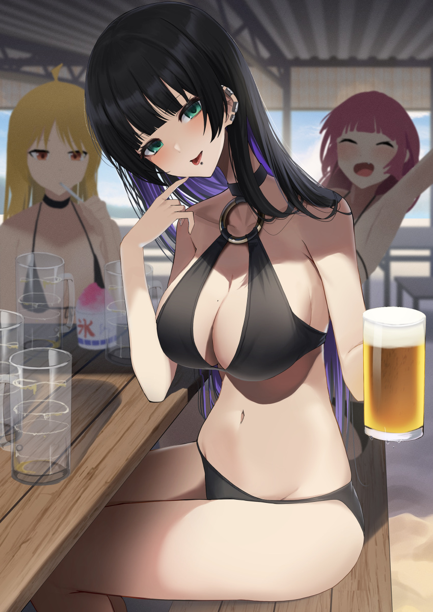 3girls absurdres amane_sora beer_glass bench bikini black_bikini black_choker black_hair blonde_hair blunt_bangs bocchi_the_rock! breasts chin_piercing choker closed_eyes colored_inner_hair cup day ear_piercing elbow_rest fang food green_eyes highres hiroi_kikuri ijichi_seika large_breasts long_hair looking_at_viewer mole mole_on_breast multicolored_hair multiple_girls navel o-ring o-ring_bikini open_mouth outdoors pa-san piercing purple_hair red_eyes red_hair shaved_ice sitting solo_focus stomach swimsuit table two-tone_hair very_long_hair