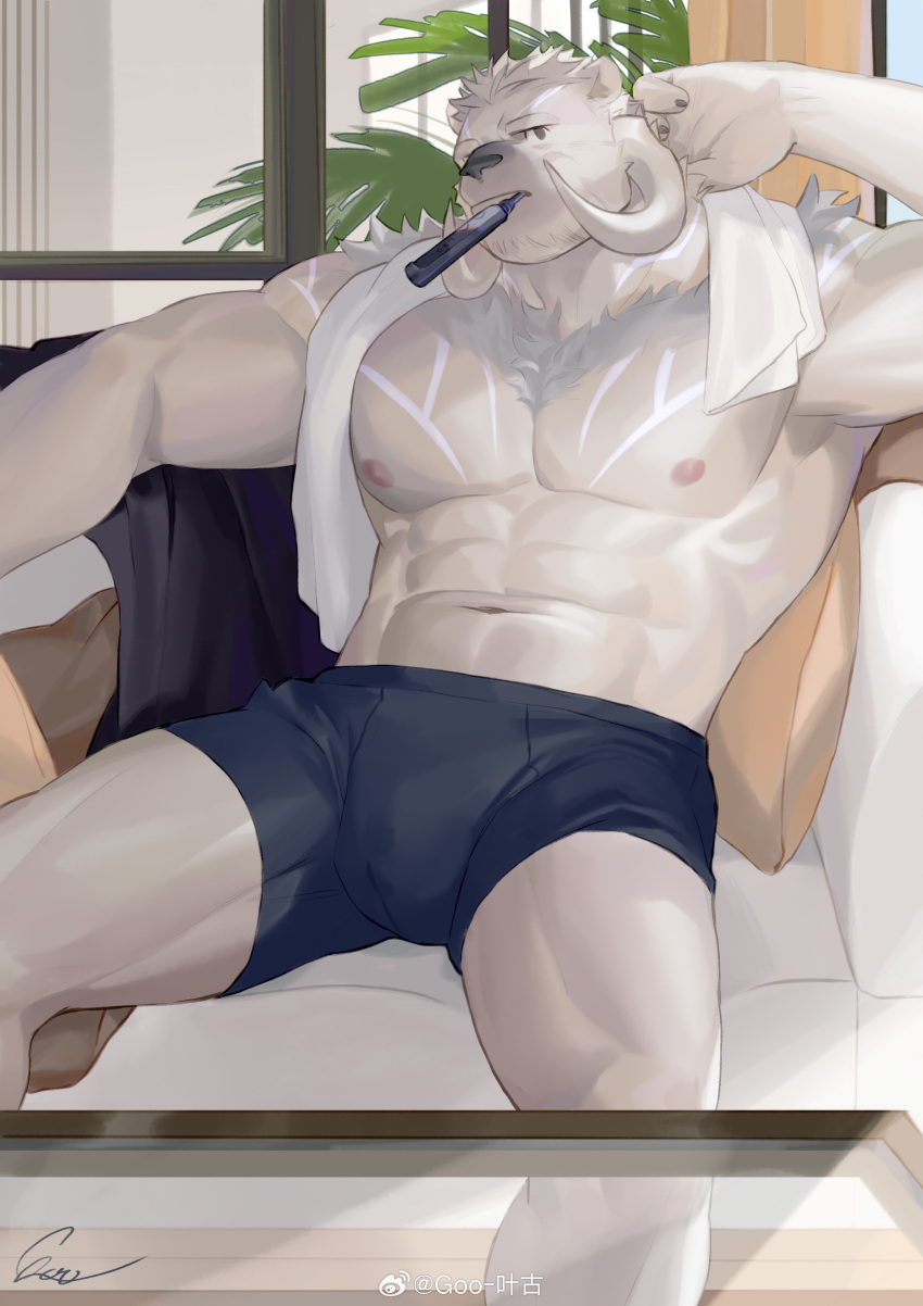 1boy abs absurdres bara bare_pectorals blue_male_underwear boxers bulge couch curled_horns goo_(koushishikou11) highres horns large_pectorals looking_at_viewer male_focus male_underwear mature_male muscular muscular_male navel nipples on_couch original pectorals short_hair solo spread_legs stomach strongman_waist thick_eyebrows thick_thighs thighs towel towel_around_neck underwear walrus_boy