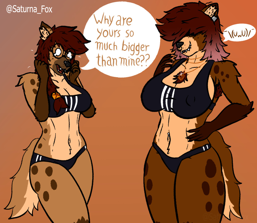 2023 accessory anaya_(saturnafox) anthro big_breasts bodily_fluids bottomwear bra breast_size_difference breasts canid canine cleavage clothed clothing collar crying dialogue digital_media_(artwork) duo ear_piercing english_text eyewear facial_piercing female fur glasses hair hi_res highlights_(coloring) huge_breasts hyena layla_(saturnafox) mammal meme navel navel_piercing nose_piercing open_mouth piercing saturnafox simple_background smile sports_bra sports_bra_difference_meme spotted_hyena tail tears teeth text thick_thighs tongue underwear wide_hips