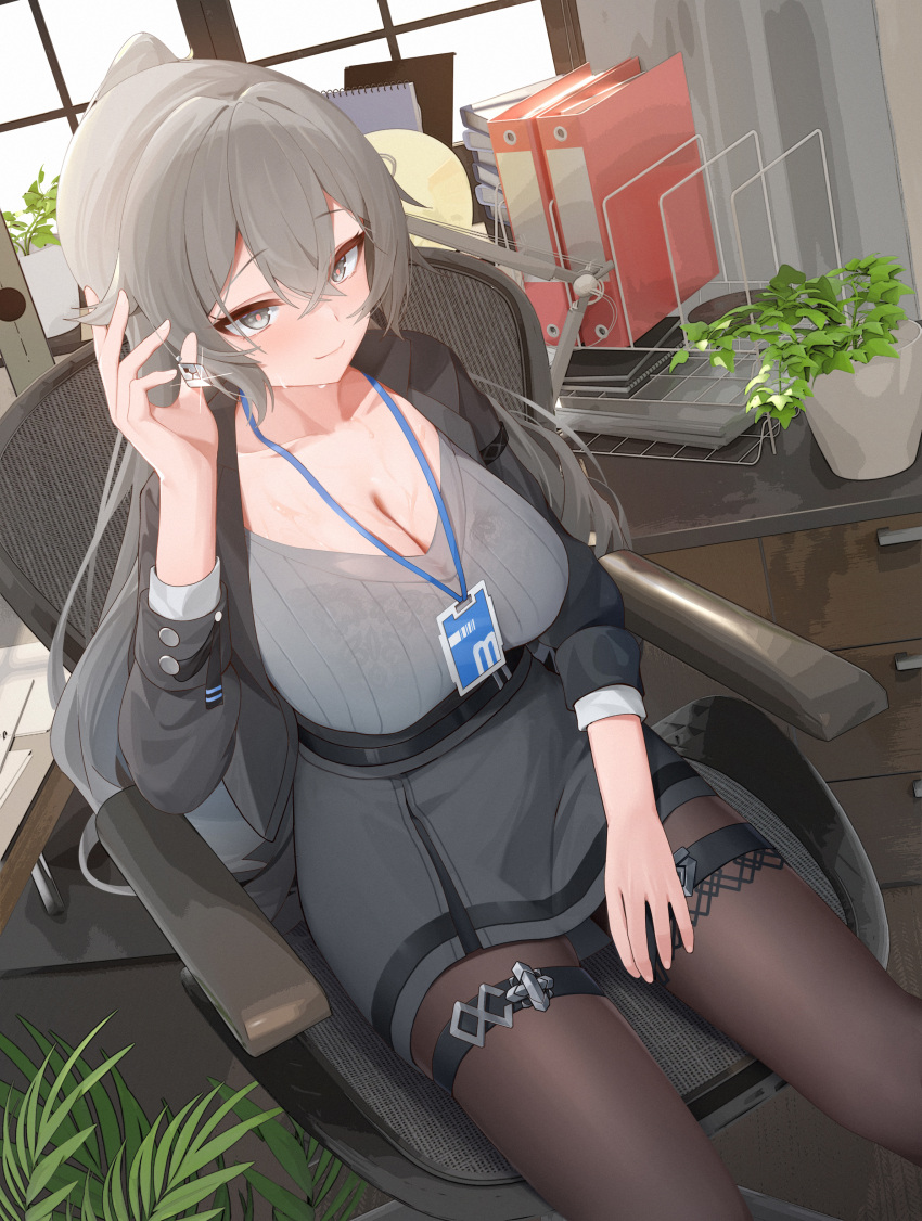 1girl absurdres black_pantyhose black_skirt bra breasts bright_pupils bronya_zaychik bronya_zaychik_(silverwing:_n-ex) business_suit commentary_request formal grey_eyes grey_hair highres honkai_(series) honkai_impact_3rd id_card jacket lace-trimmed_bra lace_trim large_breasts long_hair long_sleeves office office_lady open_clothes open_jacket pantyhose sitting skirt skirt_suit smile suit underwear wood_cube