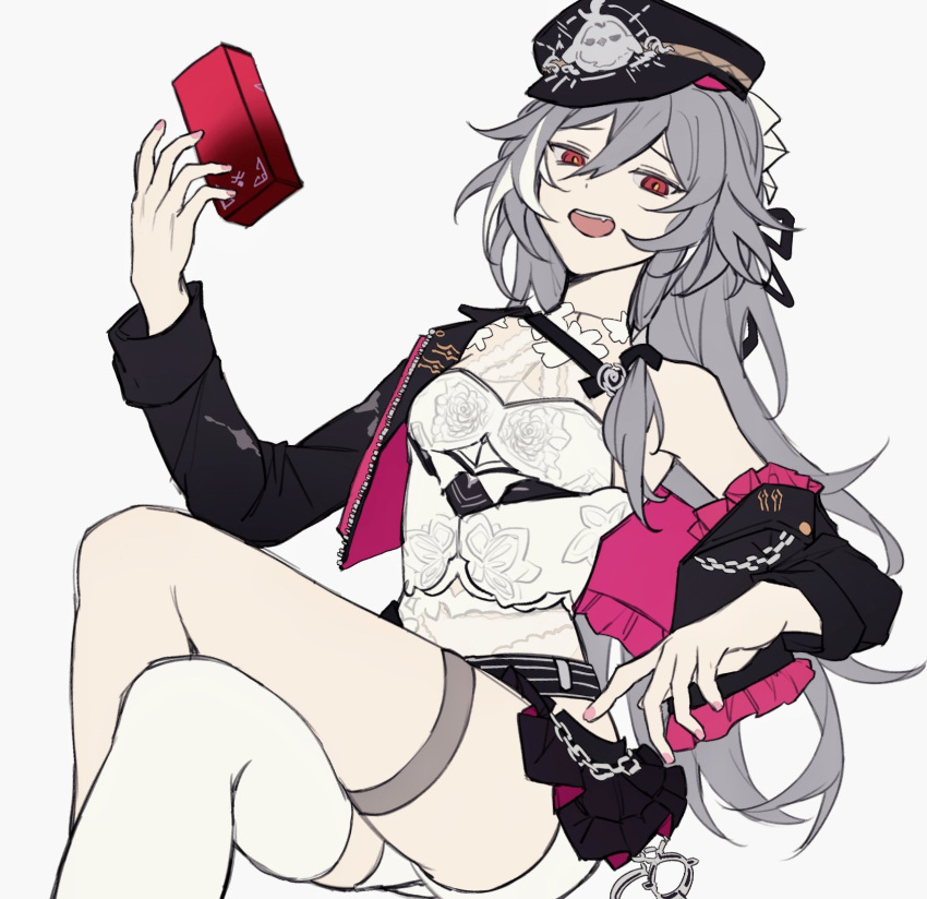 1girl belt black_belt black_headwear black_jacket black_skirt breasts chain commentary cropped_jacket crossed_legs feet_out_of_frame fu_hua grey_hair hair_between_eyes haruka_(rsyaooooo) highres honkai_(series) honkai_impact_3rd jacket long_hair long_sleeves looking_at_viewer microskirt multicolored_hair nail_polish off_shoulder open_clothes open_jacket open_mouth pink_nails shirt simple_background single_thighhigh sitting skirt small_breasts solo streaked_hair symbol-only_commentary teeth thigh_strap thighhighs upper_teeth_only very_long_hair white_background white_hair white_shirt