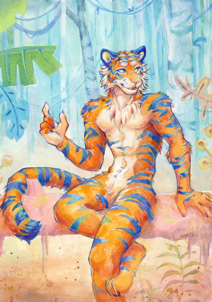 2023 akatan_art anthro blue_ears blue_stripes dated facial_markings featureless_crotch felid fur head_markings hi_res looking_aside male mammal markings nude orange_body orange_eyes orange_fur outside pantherine plant signature sitting smile solo striped_arms striped_legs striped_markings striped_tail stripes tail tail_markings tiger tree