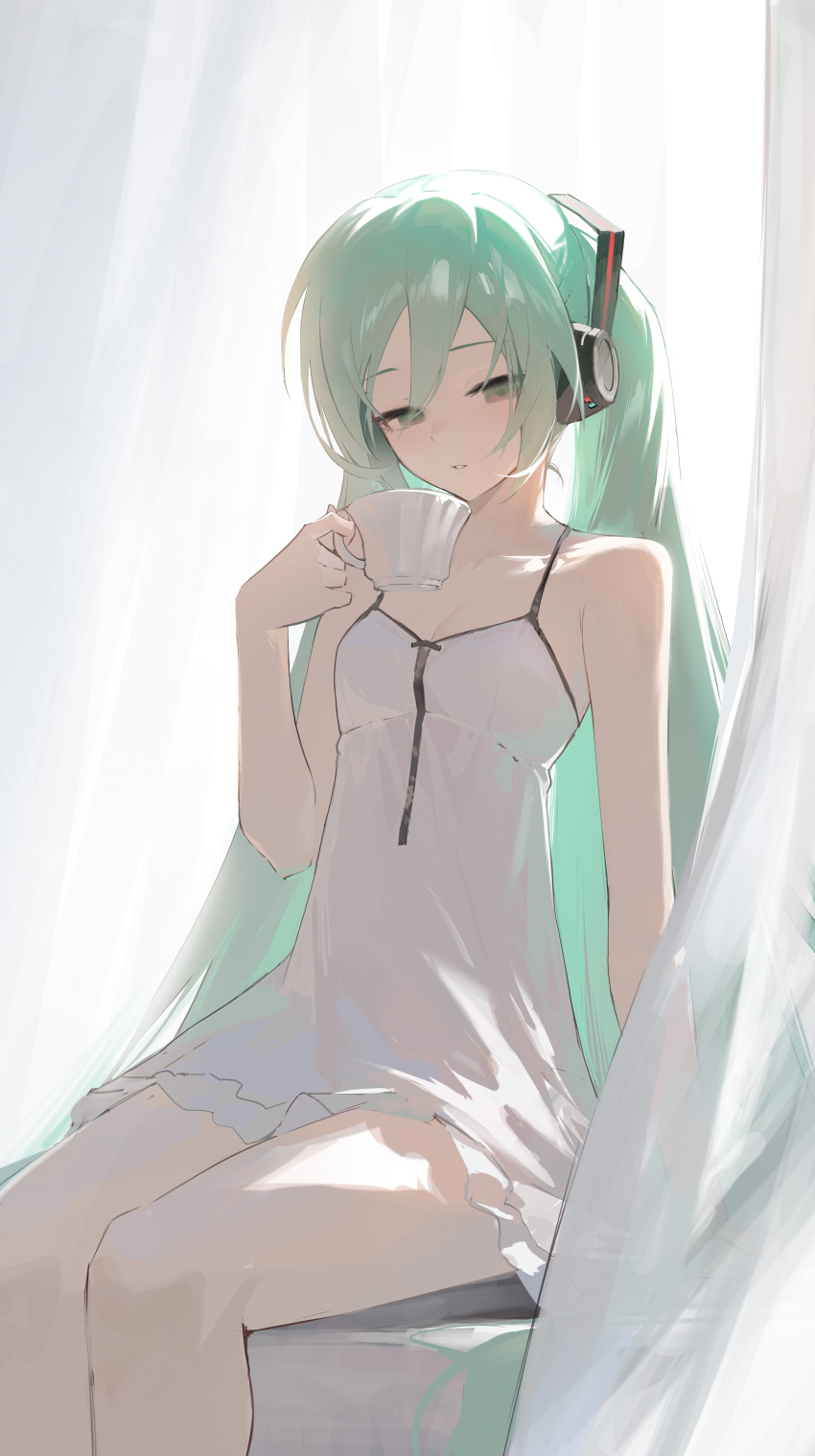 1girl absurdres aqua_eyes aqua_hair backlighting bare_arms breasts cleavage collarbone commentary cup curtains dress feet_out_of_frame hair_ornament half-closed_eyes hatsune_miku headphones highres holding holding_cup jiu_ye_sang last_night_good_night_(vocaloid) long_hair looking_down parted_lips sitting small_breasts solo spaghetti_strap teacup twintails very_long_hair vocaloid white_dress