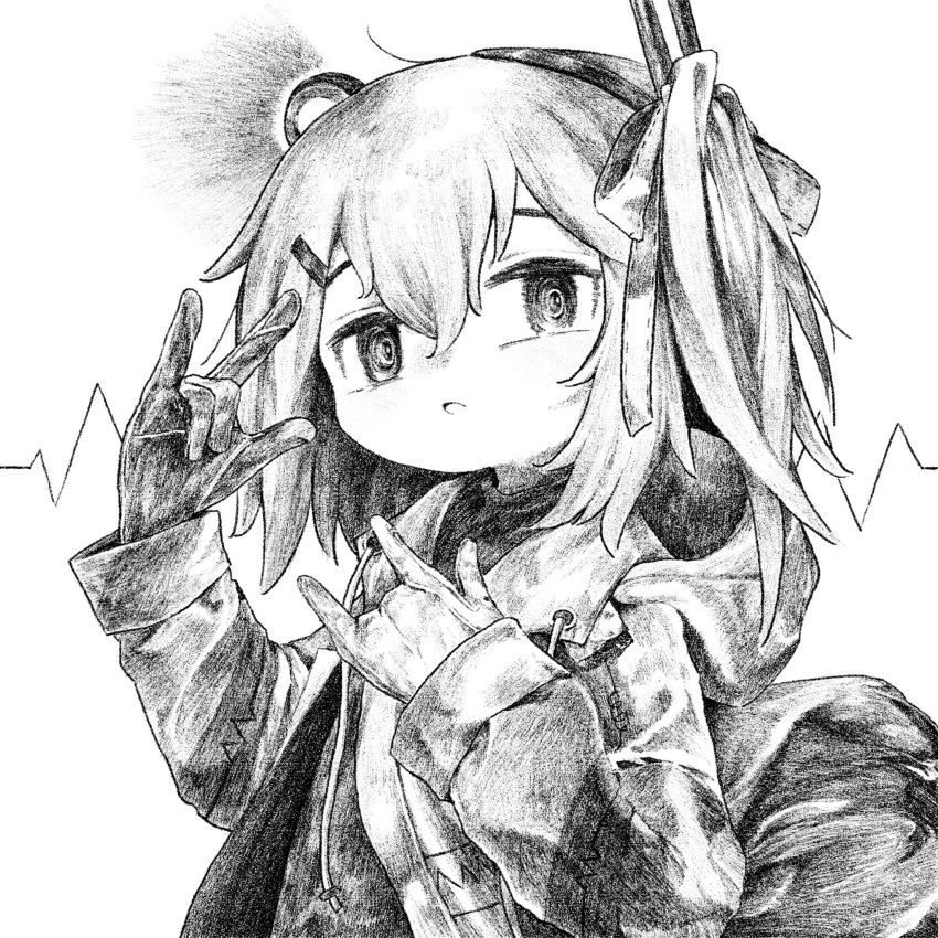 1girl :o \m/ a.i._voice adachi_rei drawstring gloves greyscale hair_ornament hair_ribbon hairband hairclip hands_up headlamp highres hood hood_down hooded_jacket jacket kilsturgeon long_sleeves looking_at_viewer medium_hair monochrome one_side_up open_clothes open_jacket open_mouth radio_antenna ribbon shirt solo sound_wave upper_body utau