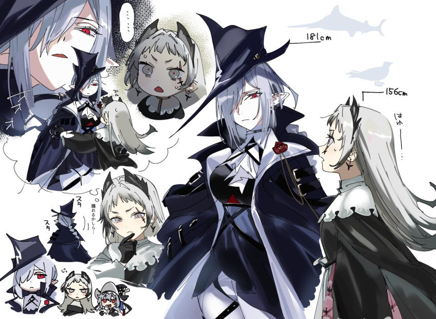 3girls animal_hat arknights ascot belt_collar bird black_cape black_coat black_gloves black_shirt braid cape capelet coat coat_on_shoulders collar cropped_shoulders cropped_torso earrings gladiia_(arknights) glaring gloves grey_eyes grey_hair hair_over_one_eye hand_on_another's_shoulder harness hat head_wings height height_difference high_collar holding_hands imagining irene_(arknights) jewelry laughing long_hair looking_at_another looking_down multicolored_clothes multicolored_skirt multiple_girls multiple_views nervous open_clothes open_coat open_mouth pants pink_skirt pointy_ears pointy_hat red_eyes red_pupils scar scar_across_eye shirt short_bangs short_eyebrows silhouette skadi_(arknights) skadi_the_corrupting_heart_(arknights) skirt staring sweat swordfish tight tight_pants translated trembling triangle_mouth tricorne underbust v-shaped_eyebrows white_ascot white_background white_capelet white_pants white_skirt yomosaka