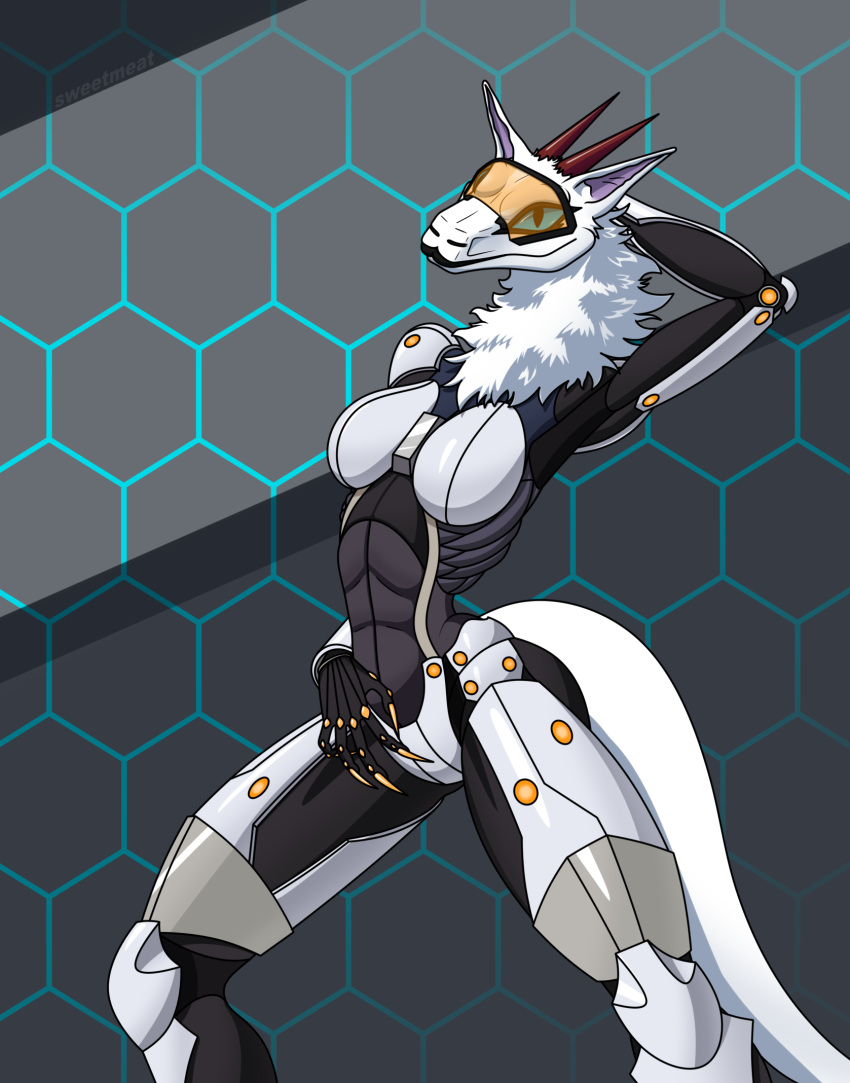 anthro biped black_lips blue_eyes clothing colored_nails costume female fur futuristic futuristic_suit hi_res lips nails simple_background solo sweetmeat synx white_body