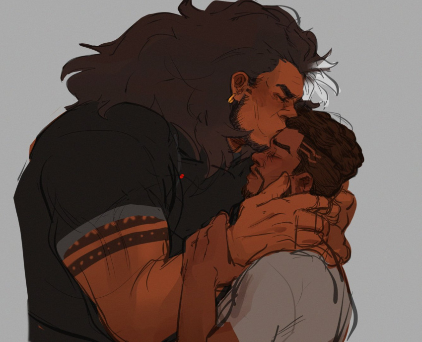 2boys alternate_costume baptiste_(overwatch) bara black_hair blush closed_eyes couple dark-skinned_male dark_skin facial_hair from_side full_beard hand_on_another's_arm hands_on_another's_neck jona-draws kiss kissing_forehead large_hands male_focus mature_male mauga_(overwatch) multiple_boys muscular muscular_male mustache overwatch overwatch_2 profile shirt shoulder_tattoo size_difference t-shirt tattoo thick_eyebrows undercut unfinished upper_body yaoi