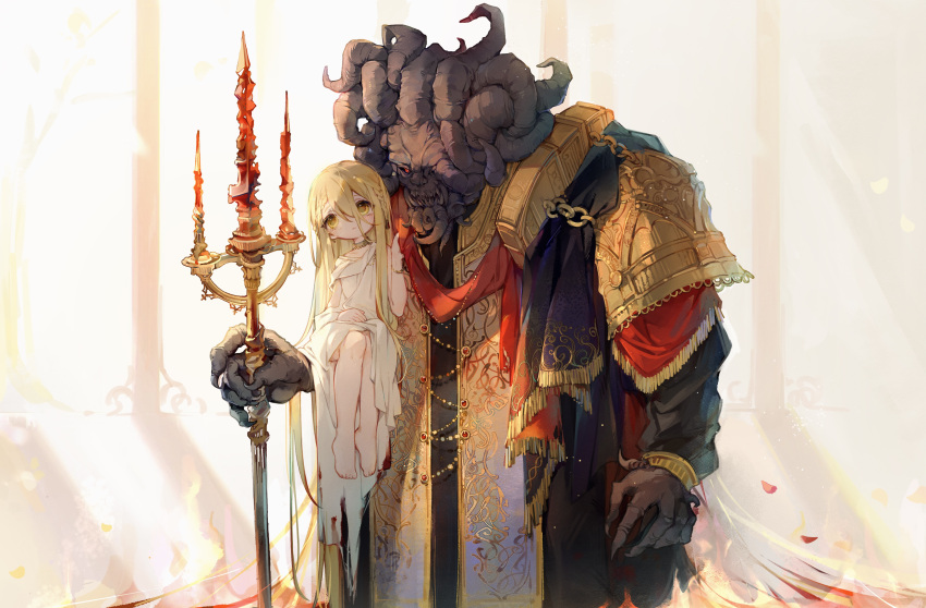 2boys absurdres black_claws black_horns black_robe black_skin blonde_hair braid carrying carrying_person colored_skin demon elden_ring extra_horns fringe_trim gold_bracelet gold_necklace hand_on_lap height_difference highres holding_sash holding_trident horns horns_touching jewelry long_hair looking_afar looking_to_the_side miquella_(elden_ring) mohg_lord_of_blood multiple_boys multiple_braids multiple_horns necklace ornate_armor ornate_clothes polearm red_eyes red_sash robe sash sitting_on_arm trident uchuunin weapon white_robe yellow_eyes