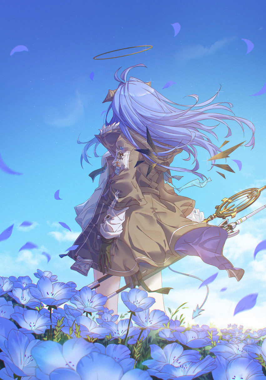 1girl absurdres antenna_hair arknights black_gloves black_jacket blue_flower blue_hair blue_sky commentary demon_horns demon_tail detached_wings facing_away field flower flower_field fur-trimmed_jacket fur_trim gloves halo highres hood hooded_jacket horns innoarukugyou jacket long_hair mostima_(arknights) petals shirt sky solo staff standing tail white_shirt wings