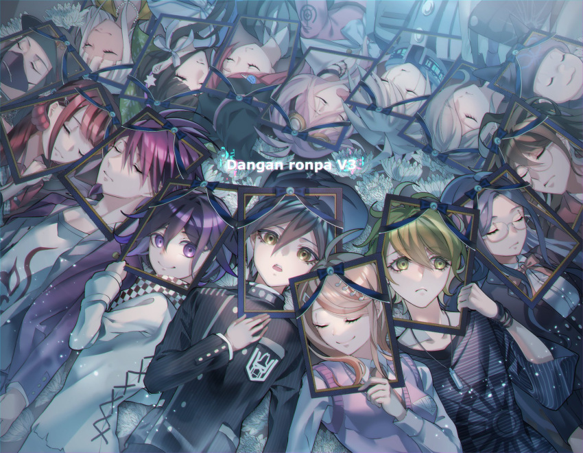 6+boys 6+girls ahoge akamatsu_kaede amami_rantaro barbed_wire bead_necklace beads black_choker black_hair black_headwear blonde_hair blunt_bangs bow bowtie breasts brown_eyes brown_hair brown_necktie buttons chabashira_tenko checkered_clothes checkered_scarf choker clenched_hand closed_eyes closed_mouth collared_shirt copyright_name d: danganronpa_(series) danganronpa_v3:_killing_harmony double-breasted everyone facial_hair flower glasses goatee goggles goggles_on_head gokuhara_gonta green_eyes green_hair green_headwear grey_hair grey_jacket hair_between_eyes hair_ornament hair_over_one_eye hair_scrunchie hand_up harukawa_maki hat highres holding_frame hoshi_ryoma iei iruma_miu jacket jewelry k1-b0 large_breasts long_hair long_sleeves looking_at_viewer lying maid mask messy_hair momota_kaito mouth_mask multicolored_hair multiple_boys multiple_girls musical_note musical_note_hair_ornament necklace necktie nota_sayaka oma_kokichi on_back on_side open_clothes open_jacket open_mouth orange_bow orange_bowtie pink_jacket pink_shirt pink_sweater_vest power_armor print_shirt purple_hair purple_necktie red_hair red_scrunchie saihara_shuichi scarf scrunchie shinguji_korekiyo shirogane_tsumugi shirt short_hair smile spiked_hair striped striped_jacket striped_shirt sweater_vest teeth tojo_kirumi two-tone_hair upper_body upper_teeth_only white_flower white_hair white_shirt yonaga_angie yumeno_himiko