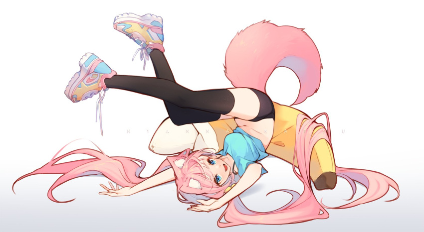 1girl animal_ear_fluff animal_ears arms_up banana bike_shorts black_shorts black_thighhighs blue_eyes blue_shirt dog_ears dog_girl dog_tail food fruit highres hyanna-natsu legs legs_up long_hair lying midriff navel on_back open_mouth original pink_footwear pink_hair shirt shoes short_shorts short_sleeves shorts smile sneakers solo tail thighhighs thighs twintails upside-down very_long_hair