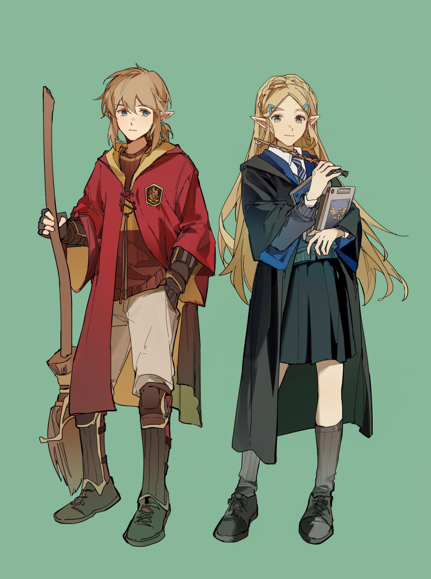 1boy 1girl absurdres black_skirt blonde_hair blue_eyes blue_necktie book braid broom closed_mouth commentary crossover crown_braid ear_piercing full_body green_background green_eyes grey_pants gryffindor hair_ornament hairclip hand_in_pocket harry_potter_(series) highres hogwarts_school_uniform holding holding_book holding_broom jacket link long_hair necktie pants piercing pleated_skirt princess_zelda ravenclaw red_jacket school_uniform short_ponytail sidelocks simple_background skirt smile the_legend_of_zelda the_legend_of_zelda:_breath_of_the_wild uniform wand wizarding_world yuno_11_02