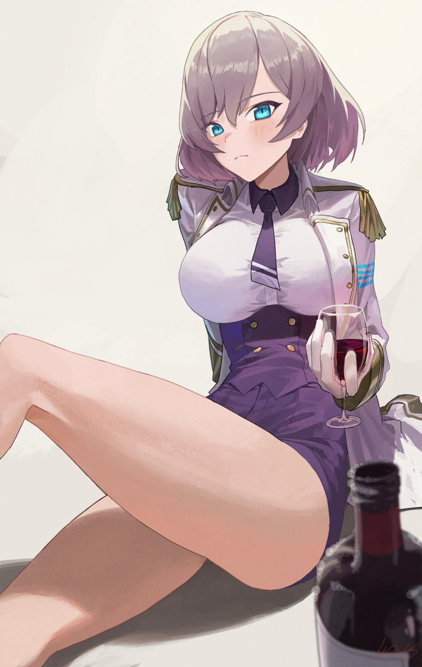 1girl blue_eyes blush bob_cut bottle breasts buttons closed_mouth cup double-breasted drinking_glass epaulettes gridman_universe high-waist_skirt highres large_breasts m.q_(mqkyrie) mujina necktie simple_background sitting skin_tight skirt solo ssss.dynazenon wine_bottle wine_glass