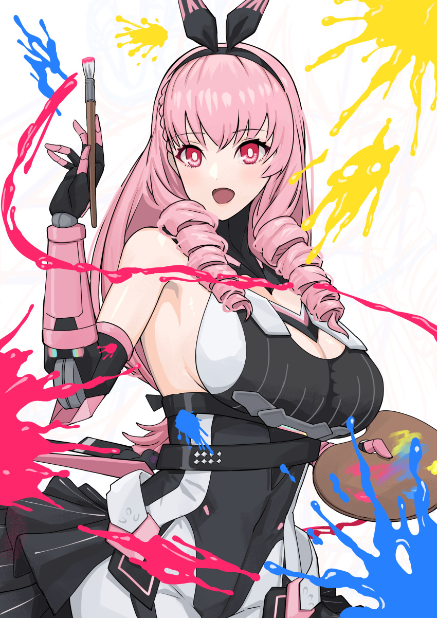 1girl absurdres artist_painter ayla:_kaleido_(punishing:_gray_raven) ayla_(punishing:_gray_raven) bare_arms bare_shoulders black_bodysuit black_hairband bodysuit breasts cleavage drill_hair hairband highres holding holding_paintbrush holding_palette large_breasts limited_palette long_hair mechanical_arms open_mouth paintbrush palette_(object) pink_hair punishing:_gray_raven red_eyes side_drill solo yagikan_(caru2338)