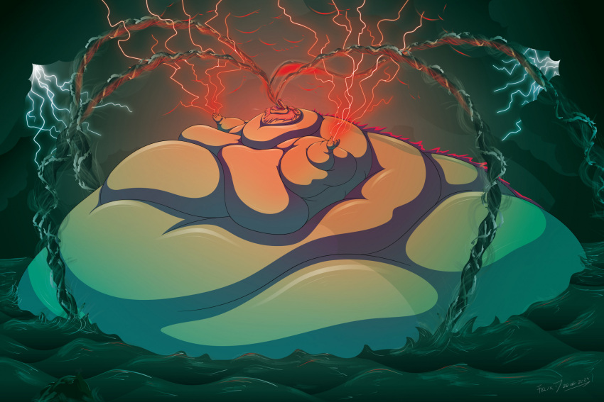 2023 anthro aquatic_dragon claws dragon dragon_king_(the_monkey_king) eastern_dragon electricity fangs hi_res horn imminent_sex immobile inflation lightning lightning_bolt liquid_inflation male mane marine morbidly_obese morbidly_obese_anthro morbidly_obese_male obese obese_anthro obese_male open_mouth overweight overweight_anthro overweight_male partially_submerged quente scales scalie signature solo storm teeth the_monkey_king_(netflix) water water_inflation