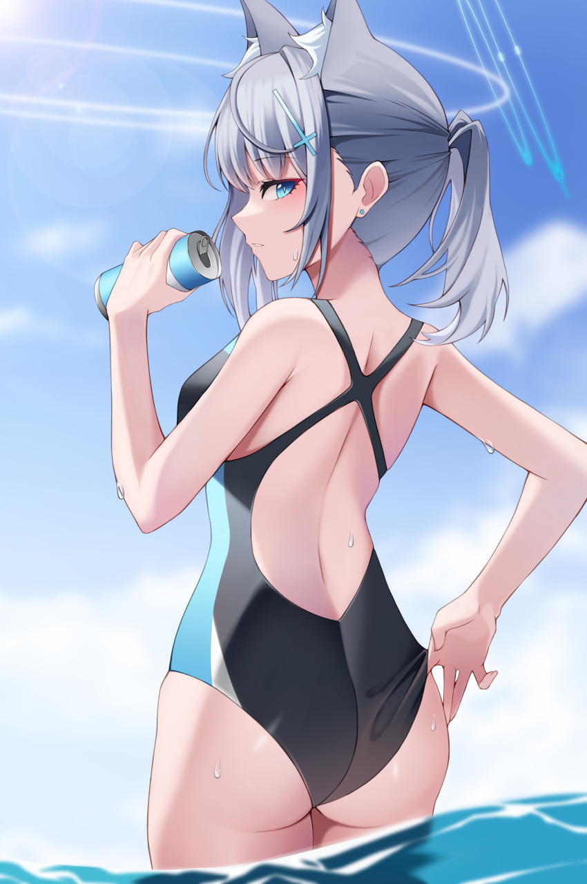 1girl absurdres adjusting_clothes adjusting_swimsuit animal_ear_fluff animal_ears ass back bare_back blue_archive blue_eyes blue_sky blurry breasts can cloud cloudy_sky commentary_request competition_school_swimsuit cross_hair_ornament depth_of_field earrings from_behind grey_hair hair_between_eyes hair_ornament halo highres holding holding_can horizon in_water jewelry looking_at_viewer looking_back medium_breasts medium_hair nape noa_(noa01010) ocean official_alternate_costume parted_lips ponytail school_swimsuit shiroko_(blue_archive) shiroko_(swimsuit)_(blue_archive) sideboob sidelocks sky sleeveless soda_can solo swimsuit wet wet_clothes wet_swimsuit wolf_ears wolf_girl