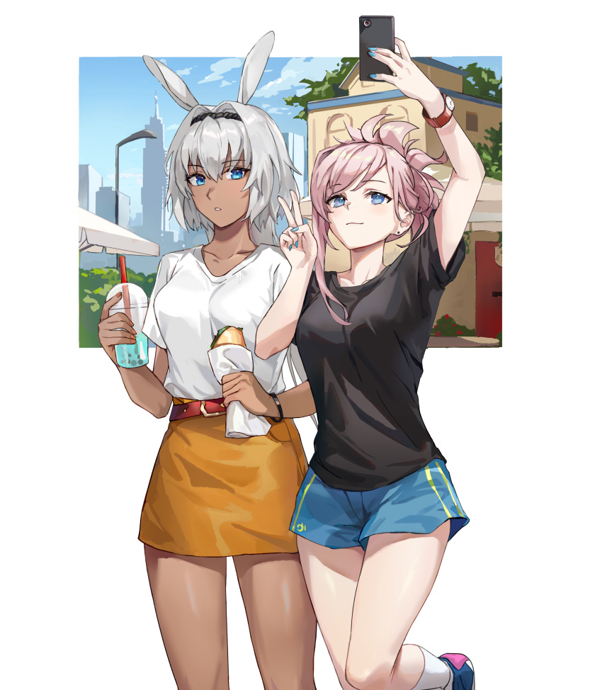 2girls absurdres alternate_costume animal_ears arm_up belt blue_eyes blue_nails blue_shirt blue_shorts breasts caenis_(fate) cellphone closed_mouth collarbone dark-skinned_female dark_skin drink english_commentary fate/grand_order fate_(series) feet_out_of_frame food hairband hand_up highres holding holding_drink holding_food holding_phone kuza_brs long_hair looking_at_viewer medium_breasts miyamoto_musashi_(fate) multiple_girls orange_skirt phone pink_hair ponytail red_belt selfie shirt shirt_tucked_in shoes short_sleeves shorts skirt smartphone smile socks standing standing_on_one_leg v watch white_hair white_shirt white_socks wristwatch