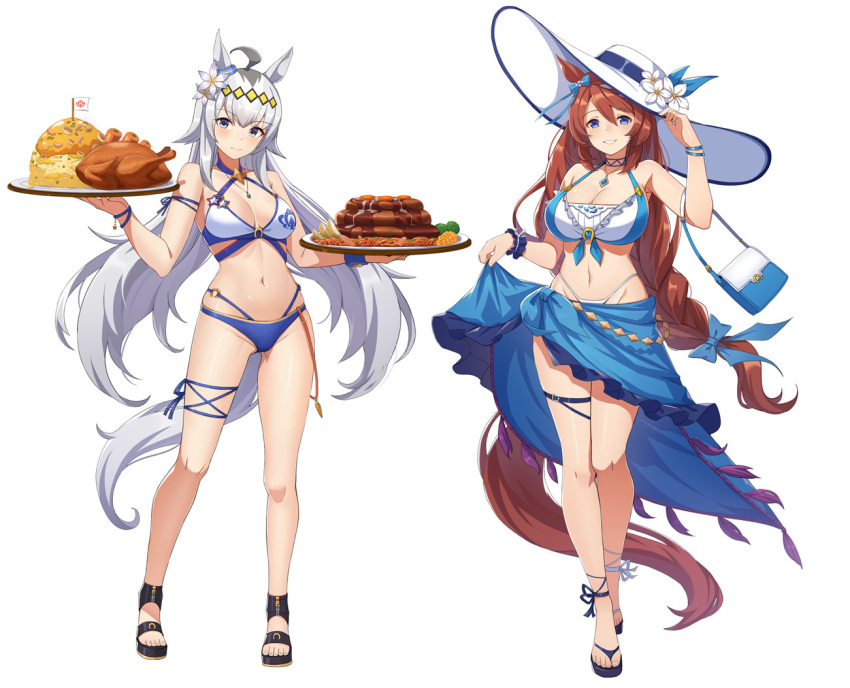 2girls ahoge alternate_costume animal_ears bare_shoulders bikini black_footwear blue_bow blue_eyes blue_shawl bow bracelet braid braided_ponytail breasts brown_hair cleavage commentary_request ear_bow feet flower food full_body grey_hair grin hair_between_eyes hair_flower hair_ornament hamburger_steak hat holding holding_food horse_ears horse_girl horse_tail jewelry large_breasts legs long_hair looking_at_viewer multicolored_hair multiple_girls necklace oguri_cap_(umamusume) revision sandals scrunchie shawl simple_background smile streaked_hair sun_hat super_creek_(umamusume) swimsuit tail thigh_strap toenails toes turkey_(food) umamusume very_long_hair vococo white_background white_bikini white_headwear wrist_scrunchie