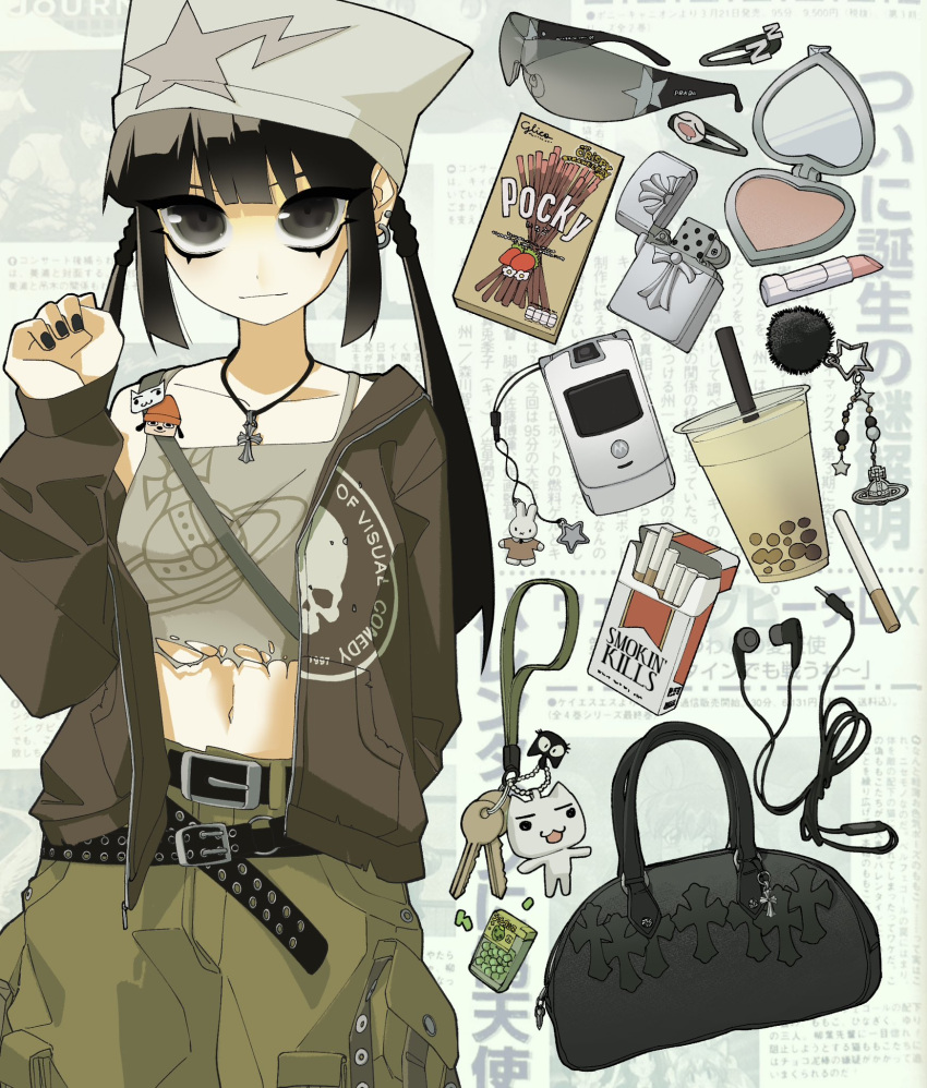 a_bathing_ape bag beanie belt black_belt black_eyes black_hair black_nails brown_hoodie cargo_pants cellphone cigarette cigarette_pack compact_(cosmetics) cosmetics crop_top earbuds earphones english_commentary flip_phone food green_pants grey_headwear hair_behind_ear hair_ornament hairclip handbag hat highres hood hoodie inoue_toro key lighter lipstick_tube midriff motorola_solutions nail_polish navel open_clothes open_hoodie original pants parappa parappa_the_rapper paw_pose phone pocky smile sony star_(symbol) twintails vinne zippo_lighter