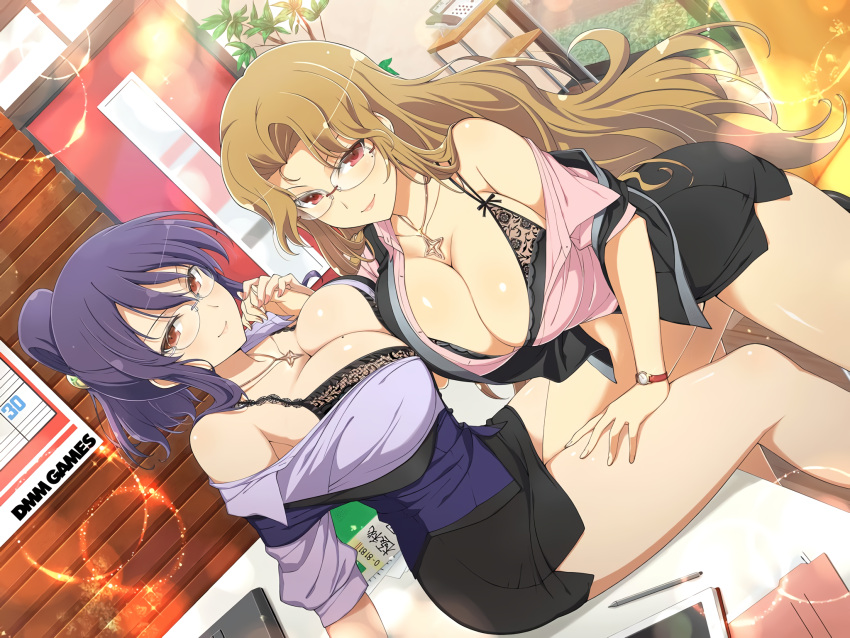 2girls asymmetrical_docking bare_shoulders black_bra blonde_hair blush bow bow_bra bra breast_press breasts calendar_(object) chair cleavage collarbone computer daidouji_(senran_kagura) desk file folded_ponytail folder glasses grass hand_on_another's_thigh highres jewelry lace lace-trimmed_bra lace_trim laptop large_breasts lens_flare light_particles lingerie long_hair looking_at_viewer mechanical_pencil miniskirt mole mole_on_breast mole_under_eye multiple_girls necklace office_lady official_art on_desk paper pencil pencil_skirt pendant phone pink_shirt plant potted_plant purple_hair purple_shirt red_eyes senran_kagura senran_kagura_burst senran_kagura_new_link senran_kagura_shoujo-tachi_no_shin'ei shiny_skin shirt sidelocks sitting sitting_on_desk skirt smile suzune_(senran_kagura) tablet_pc teacher thighs underwear watch window wooden_floor wristwatch yaegashi_nan yuri