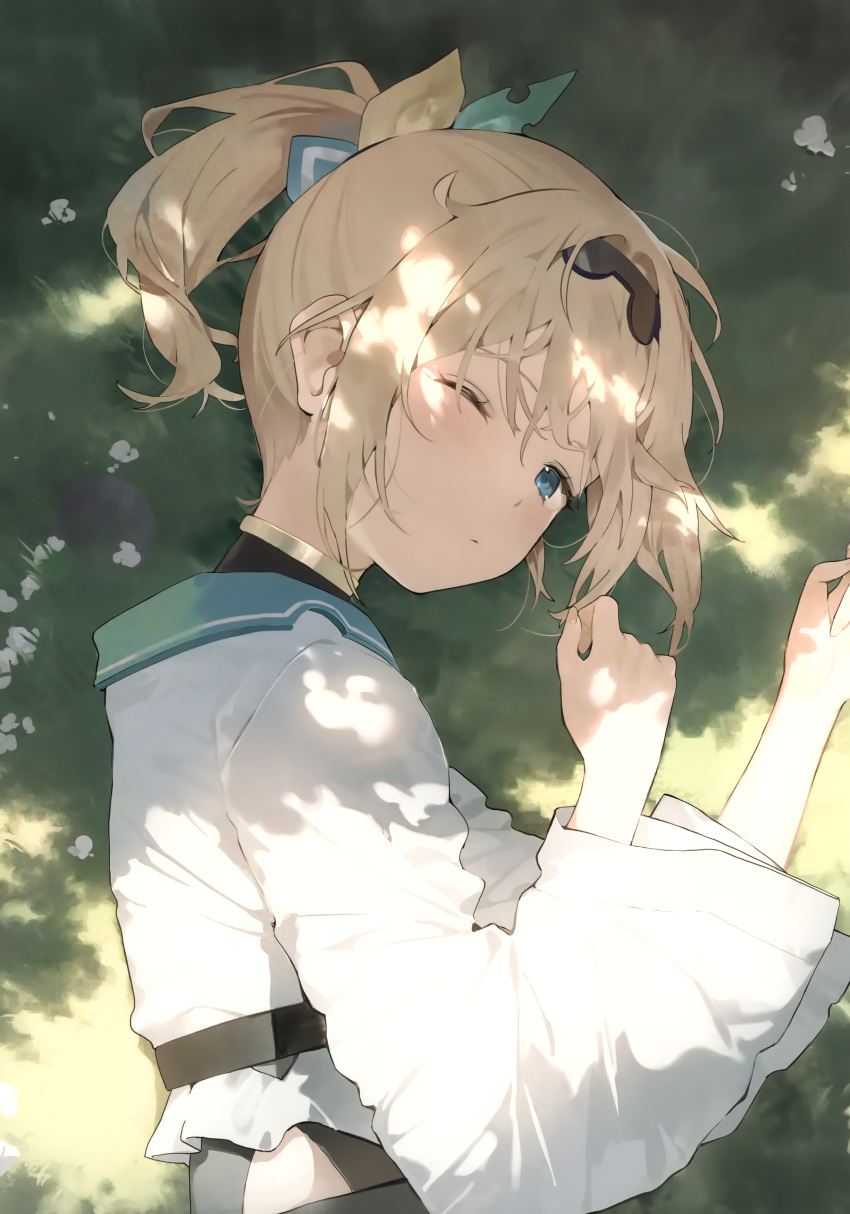 1girl absurdres blonde_hair blue_eyes blush closed_mouth dot_nose from_side hair_between_eyes hana_mori highres hololive kazama_iroha kazama_iroha_(1st_costume) looking_at_viewer lying on_grass on_side one_eye_closed ponytail scan sidelocks solo upper_body virtual_youtuber wide_sleeves