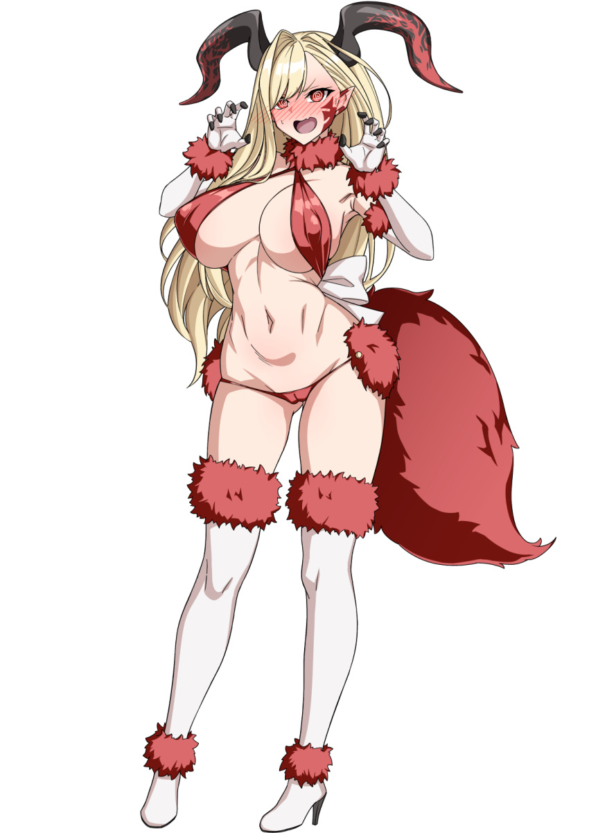 1girl @_@ animal_ears asymmetrical_bangs bare_shoulders blonde_hair blush bow breasts cameltoe cleavage cosplay covered_nipples elbow_gloves facial_mark fate/grand_order fate_(series) full_body fur-trimmed_gloves fur-trimmed_legwear fur_collar fur_trim gloves hair_over_one_eye highres horns large_breasts long_hair looking_at_viewer mash_kyrielight mash_kyrielight_(dangerous_beast) mash_kyrielight_(dangerous_beast)_(cosplay) muta_poo navel nero_claudius_(fate) o-ring open_mouth panties pointy_ears queen_draco_(fate) queen_draco_(third_ascension)_(fate) red_eyes red_panties revealing_clothes solo tail thighhighs underwear white_gloves white_thighhighs wolf_ears wolf_tail