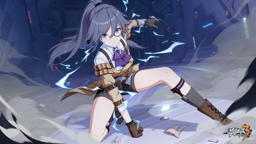 1girl ascot black_hairband brown_footwear brown_gloves chinese_commentary clenched_hand closed_mouth fu_hua fu_hua_(hawk_of_the_fog) fu_hua_(valkyrie_accipiter) gloves hair_between_eyes hairband hand_on_floor high_ponytail highres honkai_(series) honkai_impact_3rd indoors kneeling logo long_hair monocle official_alternate_costume official_art official_wallpaper purple_ascot solo sparks