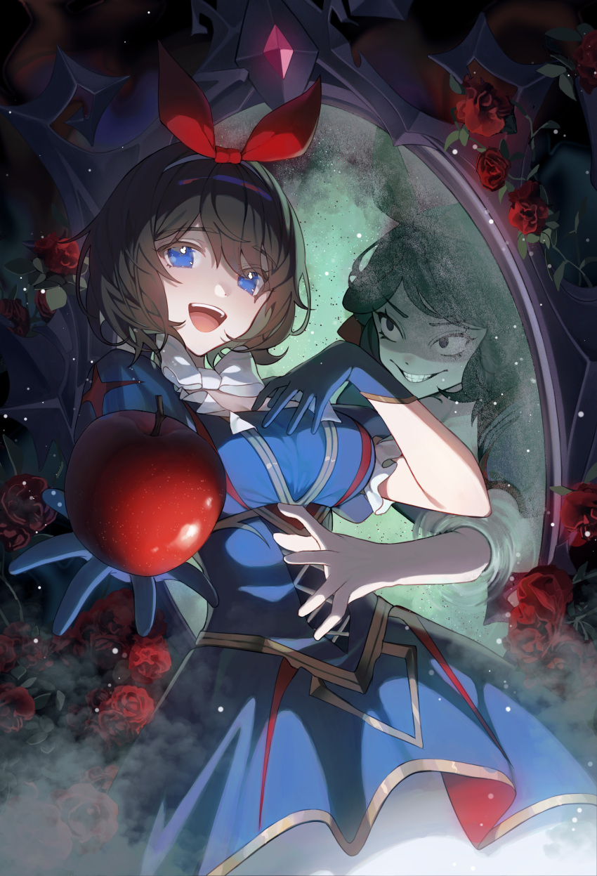 1girl absurdres apple black_hair blue_dress blue_eyes blue_gloves bow bowtie breasts commentary_request dark_tales different_reflection dress evil_smile flower food fruit gloves hair_ribbon highres holding holding_food holding_fruit large_breasts mirror open_mouth puffy_short_sleeves puffy_sleeves red_flower red_ribbon red_rose reflection ribbon rose shirayuki_yuri short_hair short_sleeves shotgunman smile solo white_bow white_bowtie