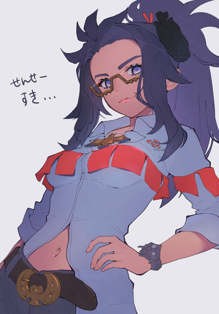 1girl absurdres belt belt_buckle bracelet breasts buckle closed_mouth collared_shirt commentary_request glasses hair_ornament hand_on_hip highres jewelry looking_at_viewer looking_down navel noname_(rftd8828) pants pokemon pokemon_(game) pokemon_sv ponytail purple_eyes raifort_(pokemon) semi-rimless_eyewear shirt sidelocks smile solo translation_request
