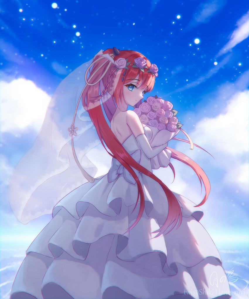 1girl aqua_eyes back back_bow bare_shoulders blue_sky blush bouquet bow bridal_veil closed_mouth cloud commentary_request dress eyelashes flower from_side gloves hair_between_eyes hair_flower hair_ornament hairclip highres holding holding_bouquet kamiyama_shiki light_particles long_dress long_hair looking_at_viewer pink_flower pink_rose ponytail profile red_hair rose shiki_hamaguri signature sky smile solo standing straight_hair summer_pockets tassel tassel_hair_ornament twitter_username veil very_long_hair wedding_dress white_bow white_dress white_gloves yellow_tassel