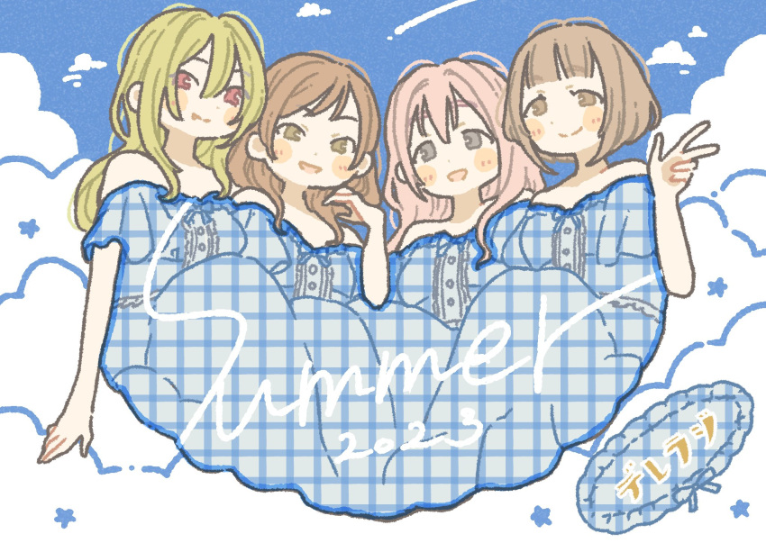 4girls bare_shoulders blonde_hair blunt_bangs bob_cut bouco brown_hair cloud contrail dress fang highres hojo_karen idolmaster idolmaster_cinderella_girls kitami_yuzu kurosaki_chitose long_hair multiple_girls off_shoulder pink_hair plaid plaid_skirt red_eyes saionji_kotoka skirt sky yellow_eyes